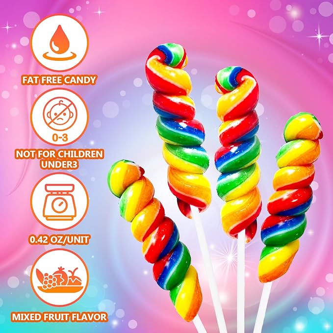 Rainbow Twisty & Swirl Lollipops 20 Pack, Unicorn Candy Twist Lollipop Individually Wrapped Suckers, Kid's Candy Bulk for Birthday, Mixed Fruit Flavor