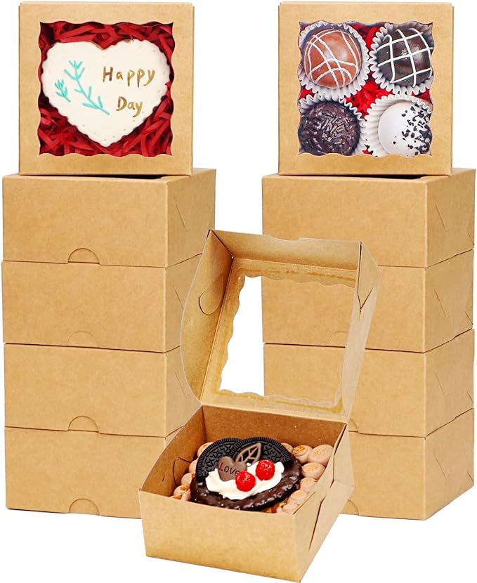 JCXGRVC 50 Pack Cookie Boxes with Window 4x4x2 Inch,Bakery Boxes, Chocolates Strawberries,Treat Boxes, Mini Cake Boxes, Pastry Dessert Boxes for Candy, Cupcakes- Brown Paper
