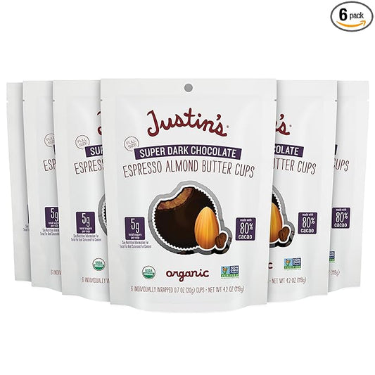 Justin's Organic Super Dark Espresso Almond Butter Cups, Rainforest Alliance Certified Cocoa, Gluten-free, Responsibly Sourced, 6 Stand-up Bags (4.2 Ounce Each)