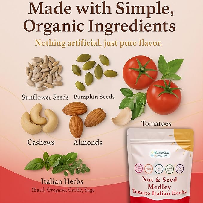 Snacks Solutions Nut and Seed Medley (5 oz -Pack of 6, Tomato Italian Herbs) Natural and Perfectly Seasoned, Sunflower Seeds, Pumpkin seeds, Cashews and Almonds, Kosher and Gluten Free