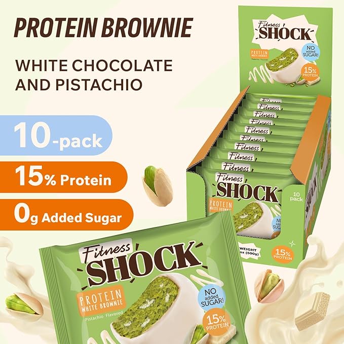 FitnesSHOCK Protein Brownie White Chocolate, No Added Sugar, 15%/7,5g Protein, 233kcal, Pre/Post Workout Snack - No Palm Oil, Filling dietary fibre, Soft Texture, 10x50g - Pistashio flavour