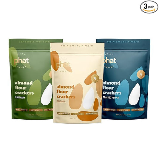 Almond Flour Crackers by Real Phat Foods - Low Carb, Gluten-Free Keto Crackers - Variety Pack of 3 (Original, Rosemary, Pepper)