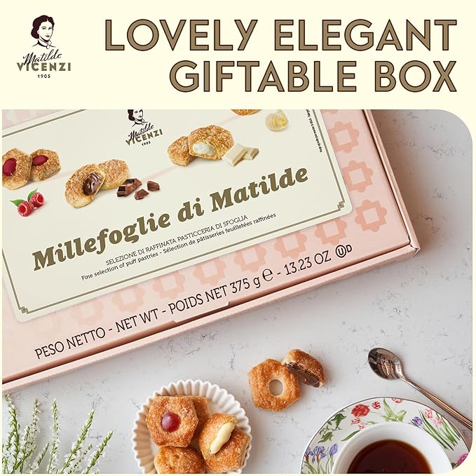 Matilde Vicenzi Millefoglie D'Italia Fine Selection of Italian Pastries - Gourmet Gifts For Thanksgiving, Christmas - Assortment of Vanilla, Apricot, Chocolate, & Raspberry Cookies - 13.76 oz (390g)