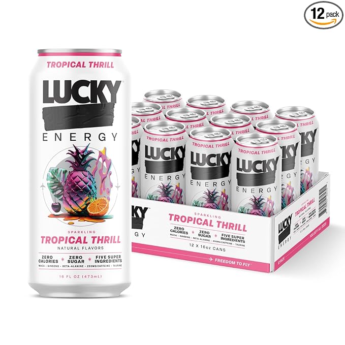 Lucky Energy Sugar Free Energy Drinks, Tropical Thrill, 16oz Cans (12-Pack) Healthy, Zero Sugar Energy Drink with Maca, Ginseng, Beta-Alanine, Taurine & 200mg Caffeine