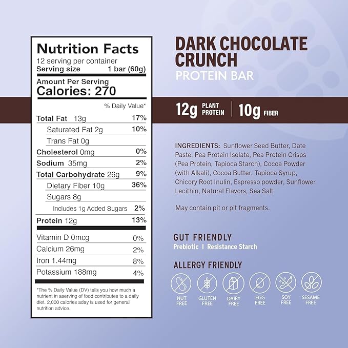 Amrita Nut Free Dark Chocolate Quinoa Vegan Protein Bars (12 CT PK of 3) | 12g Plant-Based Protein Bar | Peanut Free, Gluten Free, and Dairy Free | Low Sugar, High Fiber, Healthy School-Safe Snacks