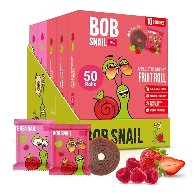 Bob Snail Fruit Roll Ups – 50 Natural Fruit Snacks (Strawberry & Raspberry), Vegan, No Added Sugar, Healthy On-the-Go Pack, 500g