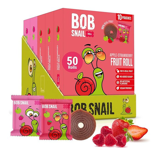 Bob Snail Fruit Roll Ups – 50 Natural Fruit Snacks (Strawberry & Raspberry), Vegan, No Added Sugar, Healthy On-the-Go Pack, 500g