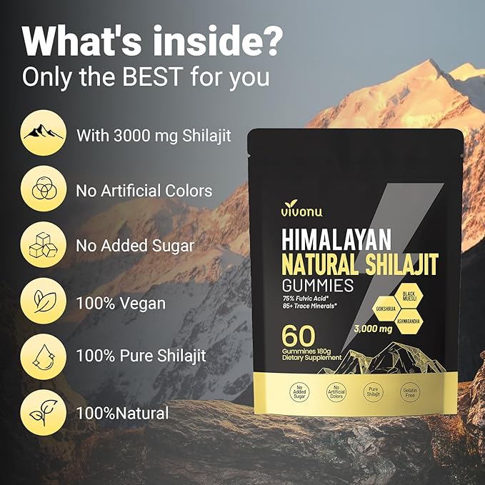 Shilajit Gummies with Ashwagandha & Gokshura | 85+ Trace Minerals & Fulvic Acid | Organic, Non-GMO Micronutrient Supplement for Men & Women | 100% Pure & Natural