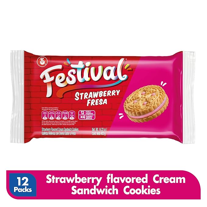 Festival Strawberry Cookies | Cream Strawberry Sandwich Cookies | Natural Dyes & Low Sodium | High Cream Content | 14.6 Oz (Pack of 3)