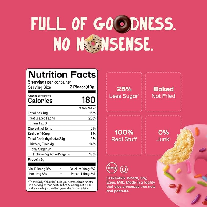 Donutful Pink Sprinkle Dipped Mini Donuts – Baked Not Fried, Less Sugar, Nothing Artificial, Non-GMO, Individually Wrapped Snack Packs (30 Donuts/Box)