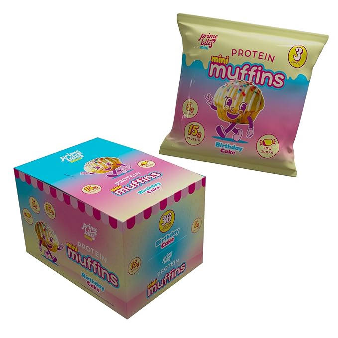 Prime Bites Minis - High Protein Muffin (12 Per Box, Birthday Cake) - 15g of Protein, 5g of Collagen, Gluten Free, Low Sugar Treat, Delicious Protein Snack