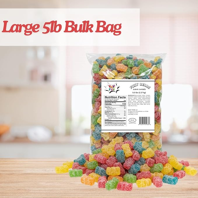 Halal Fizzy Gummy Bears Candy Bulk, 5 pound Bag, Assorted Fruit Flavored Gummies, Gift Snacks, Party Favors, Goodie Bags, Sour Gummy, Colorful Chewy Candy for Parties, Buffets, and Dessert Toppings