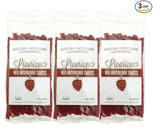 Red Raspberry Licorice Twists Pack of 3 - Fat-Free Old Fashioned Gourmet Rasberry Licorice Candy in Bulk - Soft & Chewy Texture with Bold Fresh Flavor (Total 24oz)