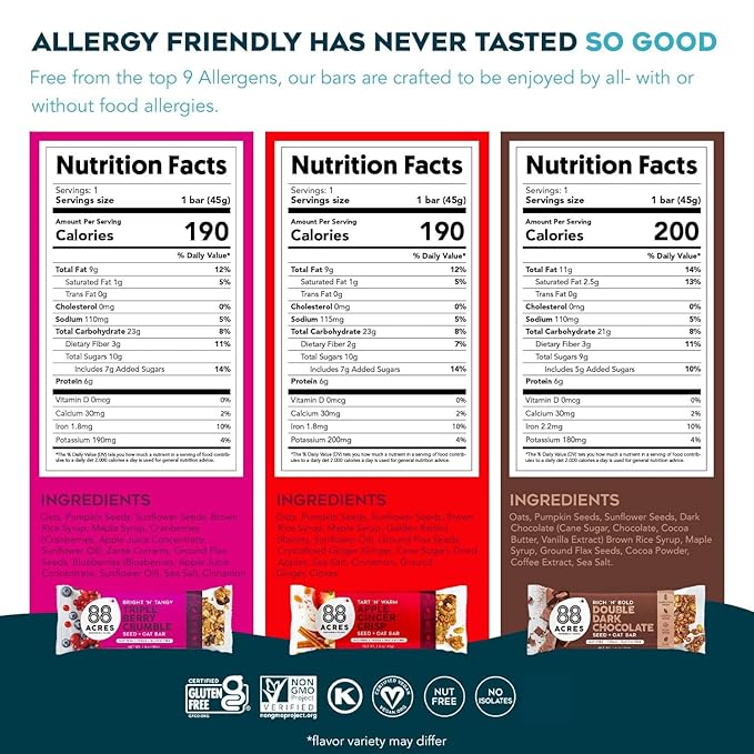 88 Acres Granola Bars | Gluten Free, Nut-Free Oat and Seed Snack Bar | Vegan & Non GMO | 6 Pack (Variety Pack)…