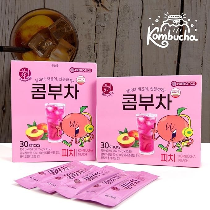 SONGWON Peach Kombucha Powder Sticks - Low Calorie, Naturally Sweetened, Refreshing & Effervescent Drink Mix - Ideal for Fitness, Outdoor Activities & Iced Tea - 30 Sticks (1.76 oz / 50g)