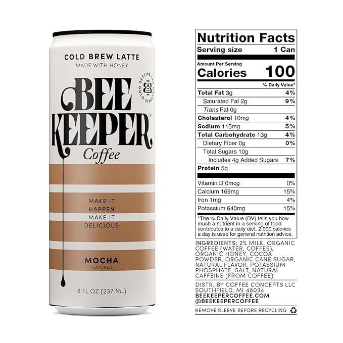 Beekeeper Mocha Latte Cold Brew Coffee Drinks with Oregon Honey | 12 Pack Refreshing Iced Coffee - Unsweetened & Strong Arabica Brew, 8 fl oz Ready-to-Drink Can - 180mg Natural Caffeine