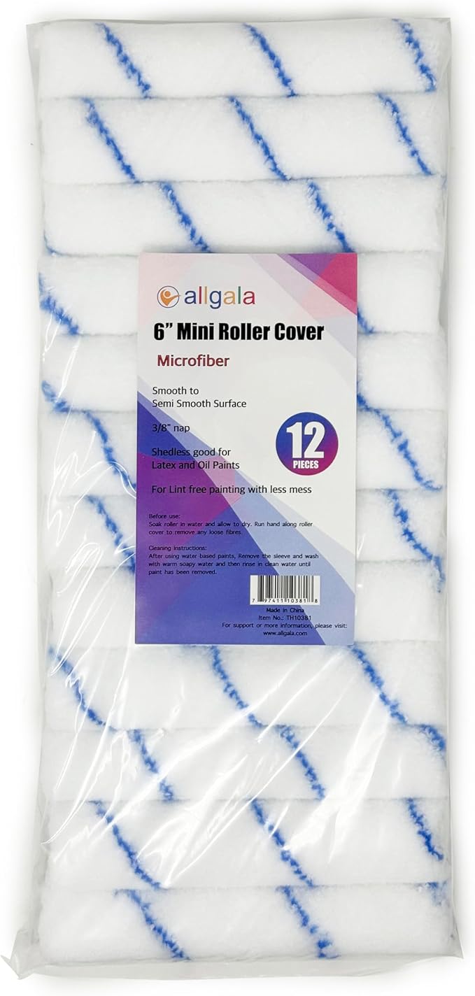 Allgala Mini Paint Roller 6" Mini 3/8" Nap Shedless Microfiber Roller Cover for Door Trim Furniture Cabinets - 12 Pack