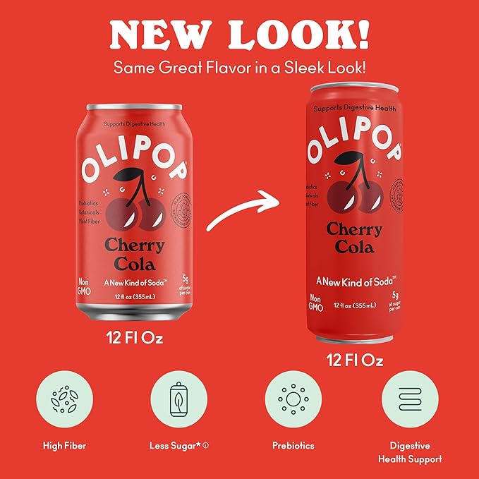 OLIPOP Prebiotic Soda Pop, Cherry Cola, Pantry Pack Packed with Prebiotics, Fiber, and Botanicals, Gluten Free, Vegan, GMO Free, 12oz Skinny (12-Cans)