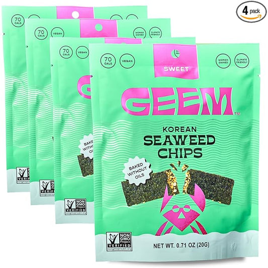 GEEM Seaweed Snacks – Korean Seaweed Chips with Rice Crisps & Sesame | Crunchy, Oil-Free Snack | Vegan, Non-GMO | Great for Kids & Adults | Sweet 4-Pack