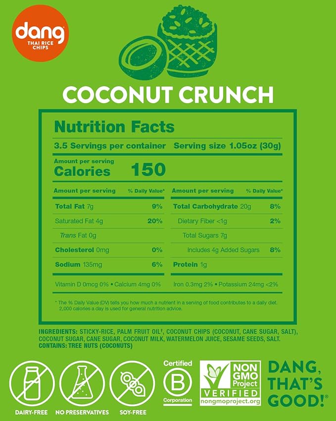DANG Sticky Rice Chips | Coconut Crunch | 4 Pack | Vegan, Gluten Free, Non Gmo Rice Crisps, Healthy Snacks Made With Whole Foods | 3.5 Oz Bags