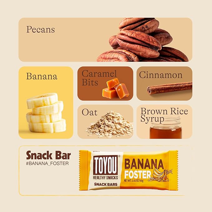 ToYou Gluten Free Chewy Fruit and Nut Bars - Healthy Protein Snacks | Banana Foster - 1.41 Ounce (Pack of 12) | Soft Chewy, Fiber-Packed Granola Bars for Adults and Kids, Made with Natural Ingredients