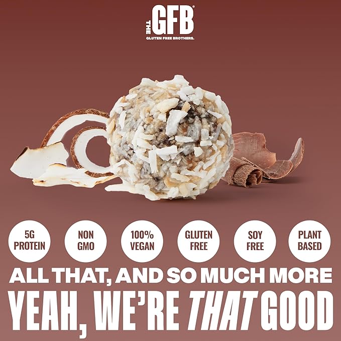 The GFB Dark Chocolate Coconut Protein Bites - Gluten Free, Plant Based, Non GMO, Sustainably Made – Ridiculously Tasty, Healthy, Vegan, Protein Energy Balls, 4 oz (4 Count)