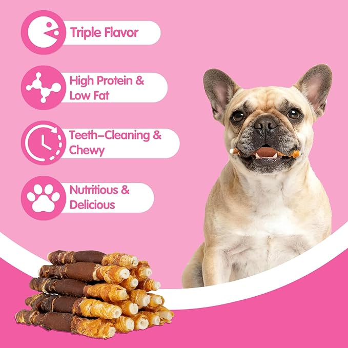 Puddonio Dog Treats, Triple Flavor Rawhide Sticks, Chicken, Duck & Chicken Liver, Chews for Medium & Small Dogs, 10.58 oz
