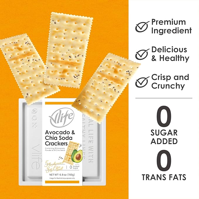 Vloong Avocado Chia Seeds Saltine Crackers, Vlife Baked Soda Crackers, No Added Sugar Healthy Snacks (1 PACK, 6.8 Ounce) Office Snacks, Low Sugar, Low Calories, Individually Wrapped