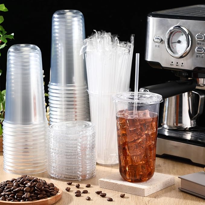 Ziliny 50 Sets Clear Plastic Cups with Lids and Straws, Disposable Iced Coffee Cups Drinking PET for Cold Drinks, Juice, Smoothie, Coffee Shops, Party, Christmas(Clear,20 oz)