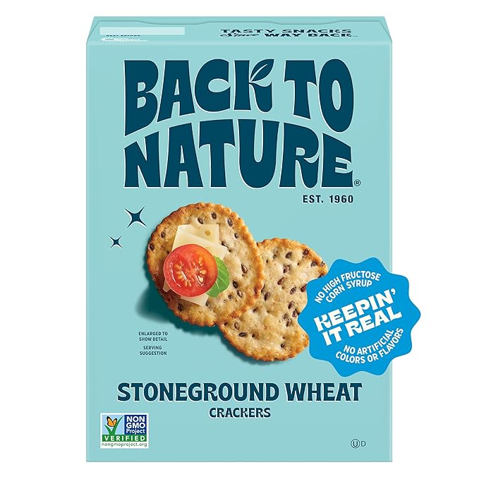 Back to Nature Stoneground Wheat Crackers, Non-GMO, Plant-Based Snack Cracker, Made with Whole Grains & Flax Seed, Snack Happy, 5oz Box