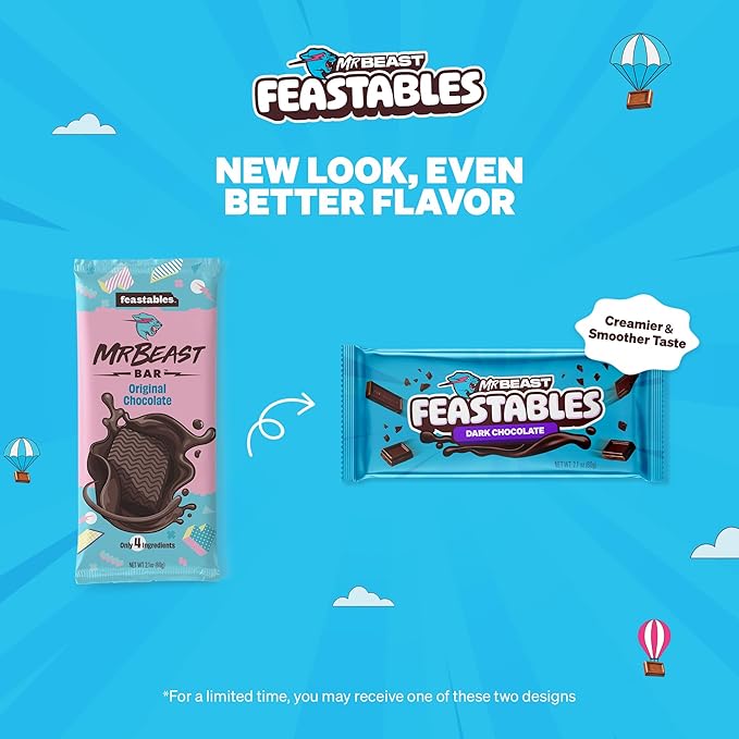 Feastables MrBeast Original Dark Chocolate Chocolate Bar, King Size Candy Bar for Adults & Kids, Candy Bars for Snacks, Gifts, & Dessert, Sweet & Creamy Quality Fairtrade Cocoa, 2.1 Oz Each, 10 Count