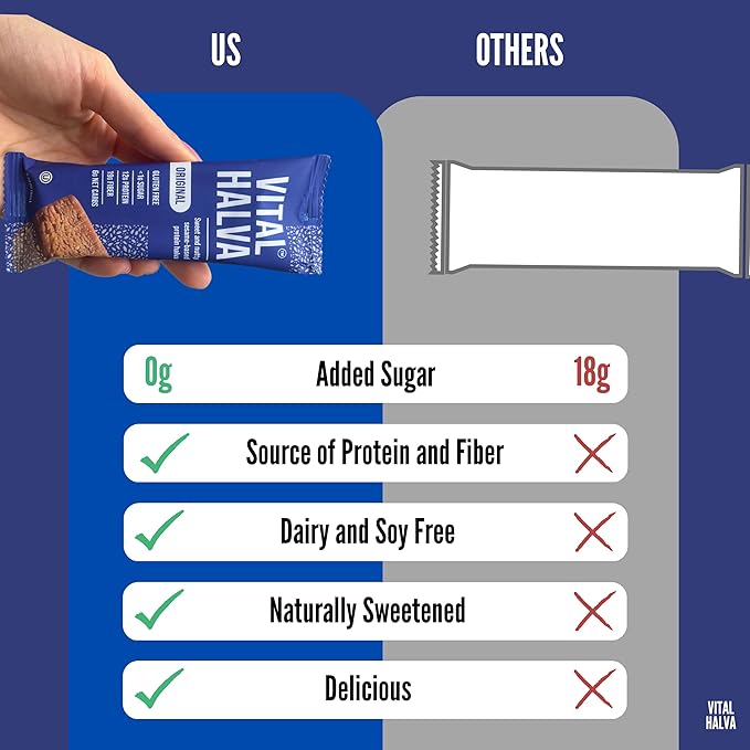 Vital Halva Vegan Sesame Snack Bar, Original, Gluten Free, Dairy Free, Soy Free, Low Sugar, No Added Sugar, 12G Protein, 19G Fiber, 6G Net Carbs, Breakfast, Travel, 10ct