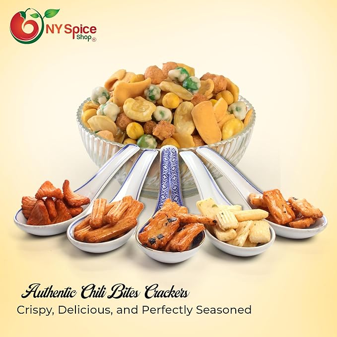 NY Spice Shop Chili Bits Rice Crackers - 1 Pound Spicy Crunchy & Mild Asian Crackers Healthy Snacks - Perfect for Salad Toppings and On The Go Snacking