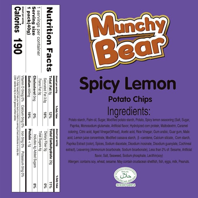 Munchy Bear Baked Savory Crackers – Spicy Lemon Flavor 9Packs Zesty & Tangy Crispy Crackers Halal-Certified Bold Snack