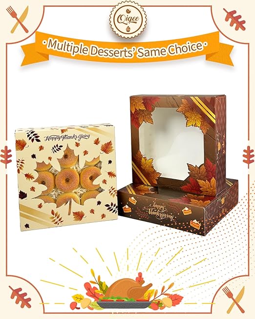 qiqee Thanksgiving Auto-pop up Cookie Boxes with Window 12packs 8x8x2.5 Inch Bakery Box Pastry Box for Thanksgiving