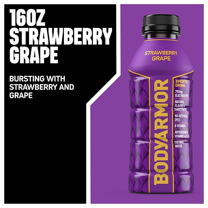 BODYARMOR Sports Drink, Strawberry Grape, Electrolyte Drink Hydration, 16 Fl Oz Bottles (12 Pack), Flavored Coconut Water with B Vitamins & Antioxidants