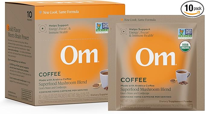OM MUSHROOM SUPERFOOD Instant Coffe – Organic Arabica with Lion’s Mane, Cordyceps, Reishi, Turkey Tail & Ginkgo Biloba – Supports Energy, Focus & Mental Clarity – Single Serve Pack (10 Count)