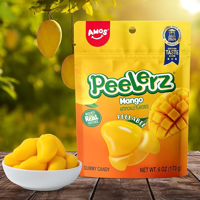 AMOS Peelerz Mango Peelable Gummy Candy, 6oz (170g) – Peelable Gummy Made with Real Fruit Juice, Resealable Bag, Fun Peeling Candy Snack for Kids and Adults