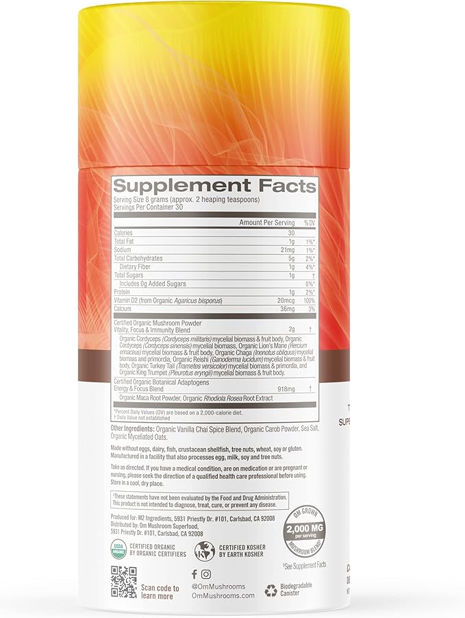 OM MUSHROOM SUPERFOOD Morning Energy Blend – Caffeine-Free Powder with Cordyceps, Lion’s Mane, Rhodiola & Vitamin D2 – Supports Energy, Focus & Endurance – 8.47 oz Canister (30 Servings)