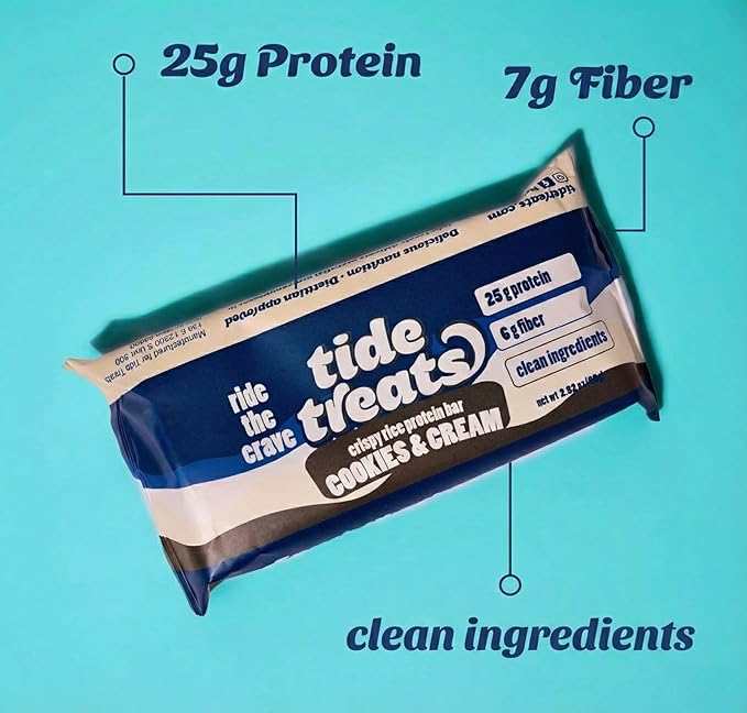 Crispy Rice Protein Treat Bar Cookies And Cream | 25g Protein, Low Sugar, Clean Ingredients, 7 g Fiber, Gluten Free | High Protein Snack for On-the-Go, Post-Workout or Dessert Cravings | 8 Count
