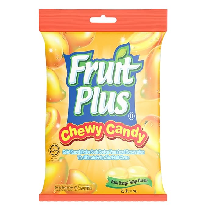 Fruit Plus Chewy Candy, Malaysian Individually Wrapped Bulk Candy, Fruit Snacks for Halloween Christmas Party, Non-Melting, 4.2 Oz Bag (Approx. 39 Count) (Mango)