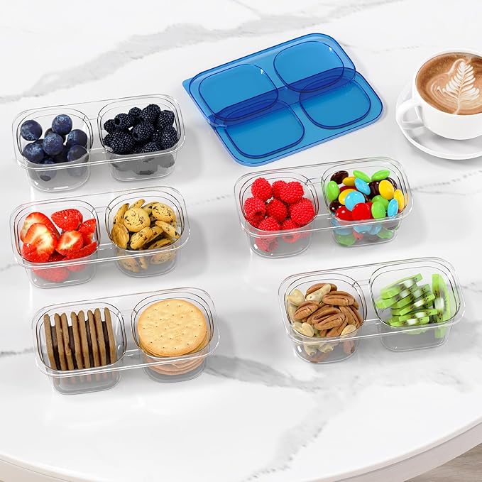 Reusable Snack Containers with Lids for Kids-Navy Blue 10 PACK, [UNIQUE DESIGN 2-COMPARTMENT] BPA-Free/Microwave/Dishwasher Safe, Snack Bowls Container for On-the-Go Meals,Camping and Travel