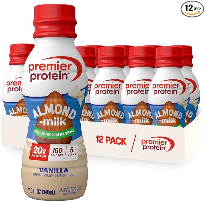 Premier Protein Almondmilk Plant Based Protein Shake, 20g Protein, 5g Sugar, 11.5 Fl oz, Vanilla, 12 Count