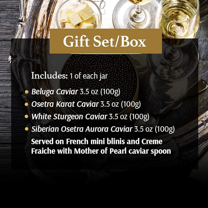 OLMA Royal Caviar Gift Set - 14 oz (400g) of Caviar, including Beluga, Osetra, White Sturgeon, Siberian Osetra Aurora, Serving Spoon & Blinis - Superior Grade Fresh Roe Fish Eggs