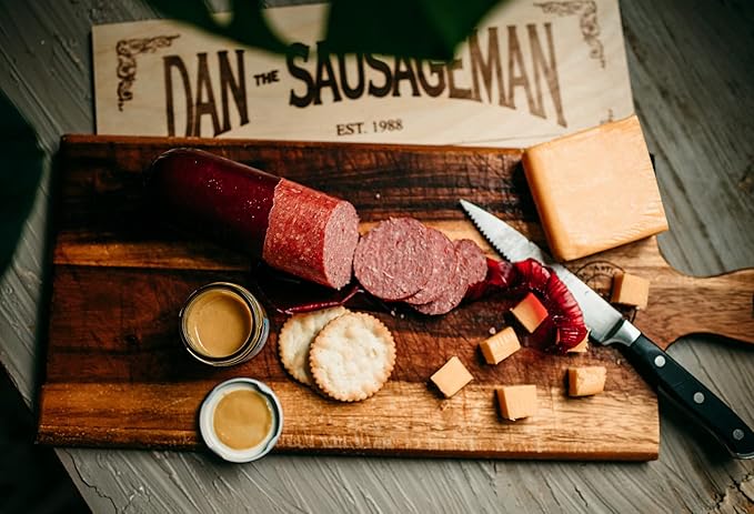 Dan the Sausageman's Signature Gift (Favorite) Gourmet Gift Basket Featuring Smoked Summer Sausage, Savory SeaBear Salmon, Wisconsin Cheese, Sweet Hot Mustard, and a Reuseable Keepsake Wood Pine Crate