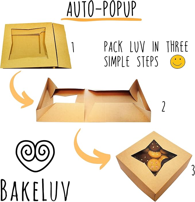 BAKELUV 50 pcs Brown Bakery Boxes with Window 6x6x2.5 Inches Cookie Boxes, Pastry, Treats, Dessert, Small Cake, Brownie, Cupcakes, Chocolate Covered Strawberries | Auto-Popup |