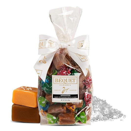 Béquet Assorted Caramels - Gourmet Individually Wrapped Candy Variety Pack - Celtic Sea Salt, Salt Chocolate, Classic Vanilla, Butterscotch, Green Apple, Salted Mocha & Salted Butterscotch - 8 oz Gift Bag