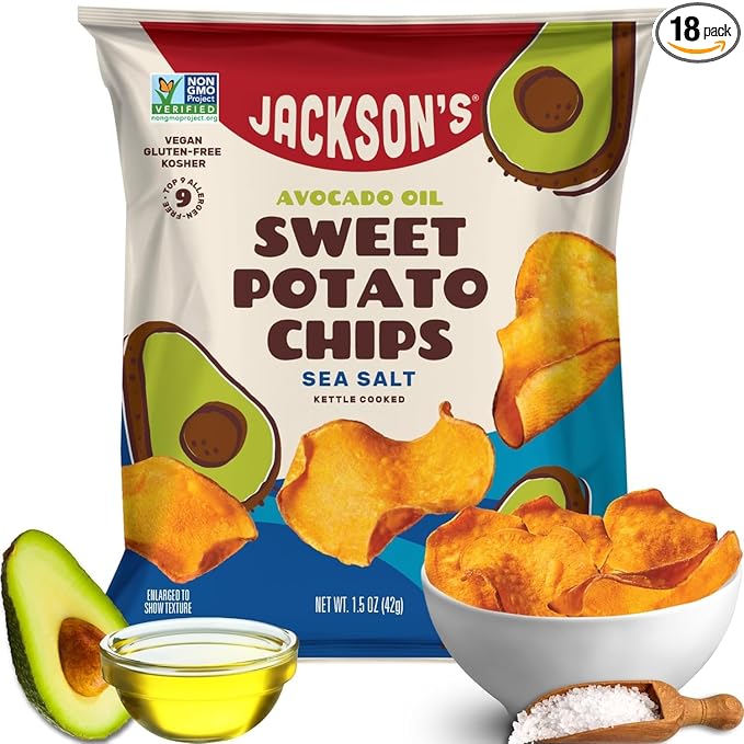 Jackson’s Sweet Potato Kettle Chips with Sea Salt made with Premium Avocado Oil (1.5 Ounce, Pack of 18) - Allergen-friendly, Gluten Free, Peanut Free, Vegan, Paleo Friendly - Shark Tank Product