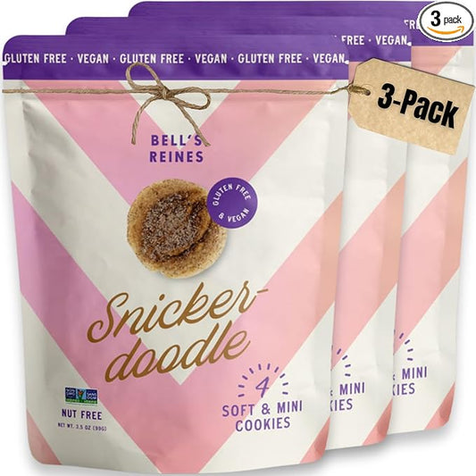 Bell's Reines Gluten Free, Vegan Snickerdoodle Cookies, Soft Gourmet Small Batch, Healthy Snacks, Bakery Fresh 4 Cookie Snack Packs, 3-Pack
