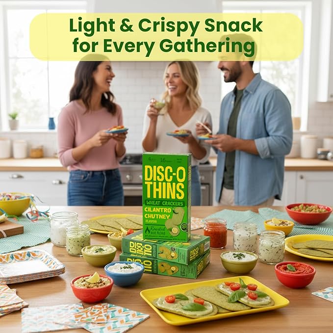 Disc-O Thins Whole Wheat Crackers - Crunchy Roasted Snack, High-Fiber & Low-Fat On-the-go Snack Chips, 96pcs (Cilantro Mint Chutney) - Vegan Healthy Travel Snack, Non-GMO - Great with Spicy Dips, Salsa or Beer